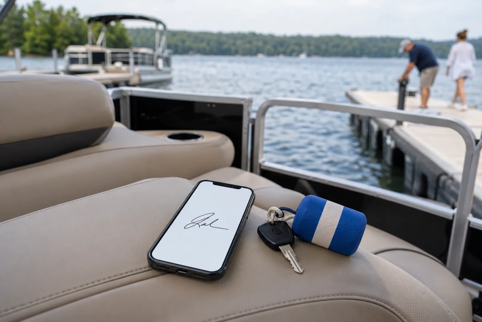 Printed boat rental agreement on a clipboard on a pontoon boat seat