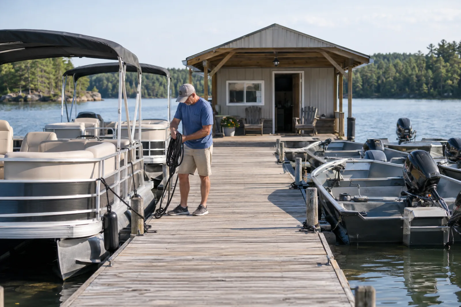 A small boat rental business with pontoon and fishing boats at a lake marina