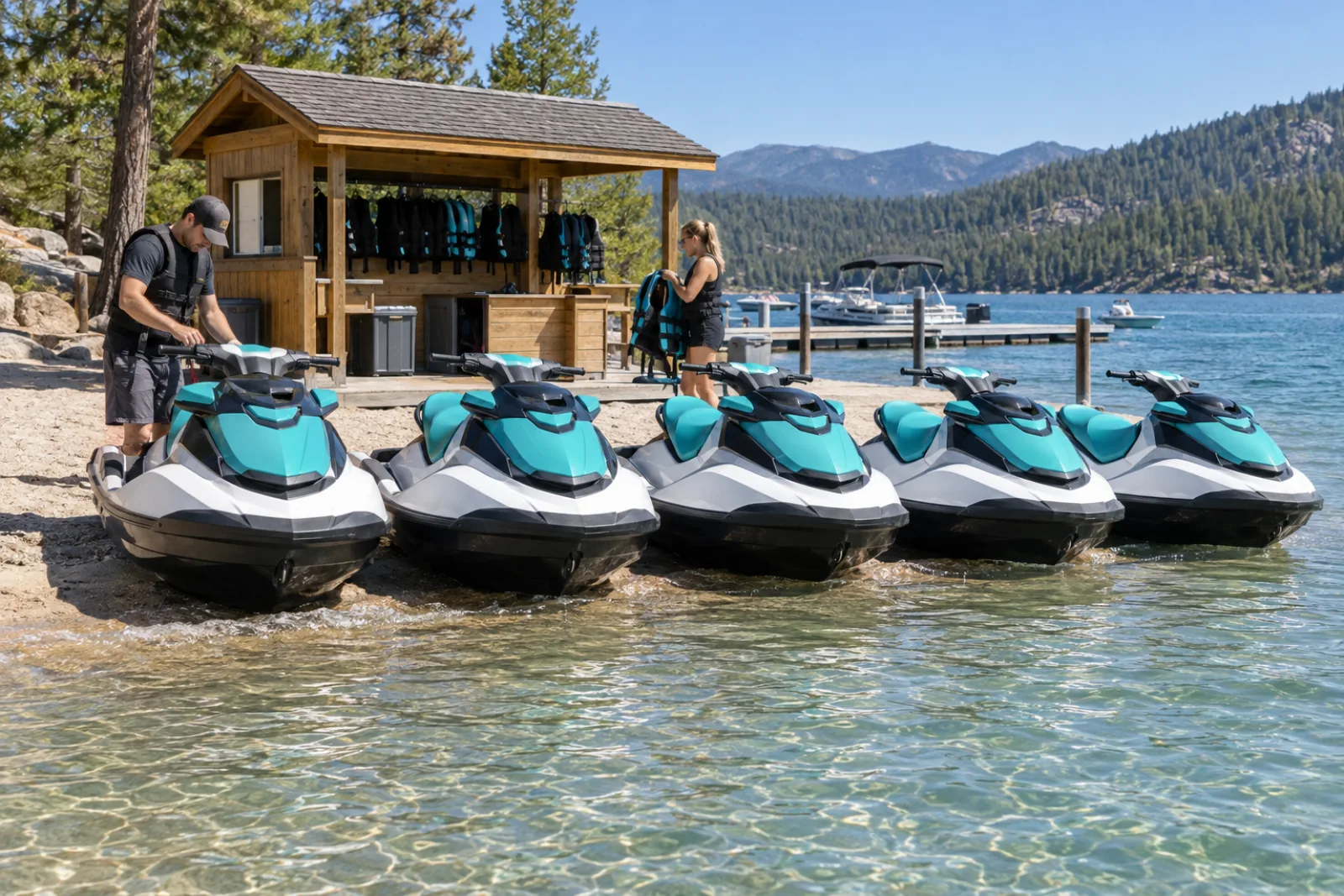 A row of rental jet skis lined up on a sandy beach at a lake