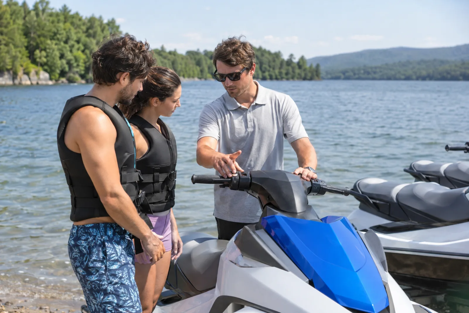 A jet ski rental operator giving a safety briefing to two riders at a lake shoreline
