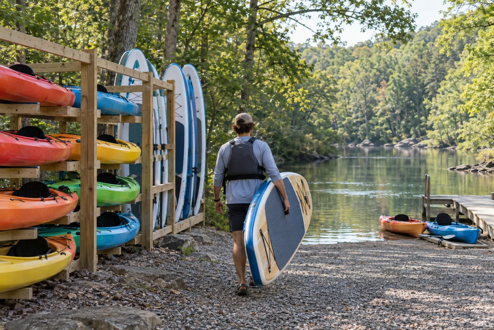 Rental kayaks and paddle boards on a rack beside a calm river
