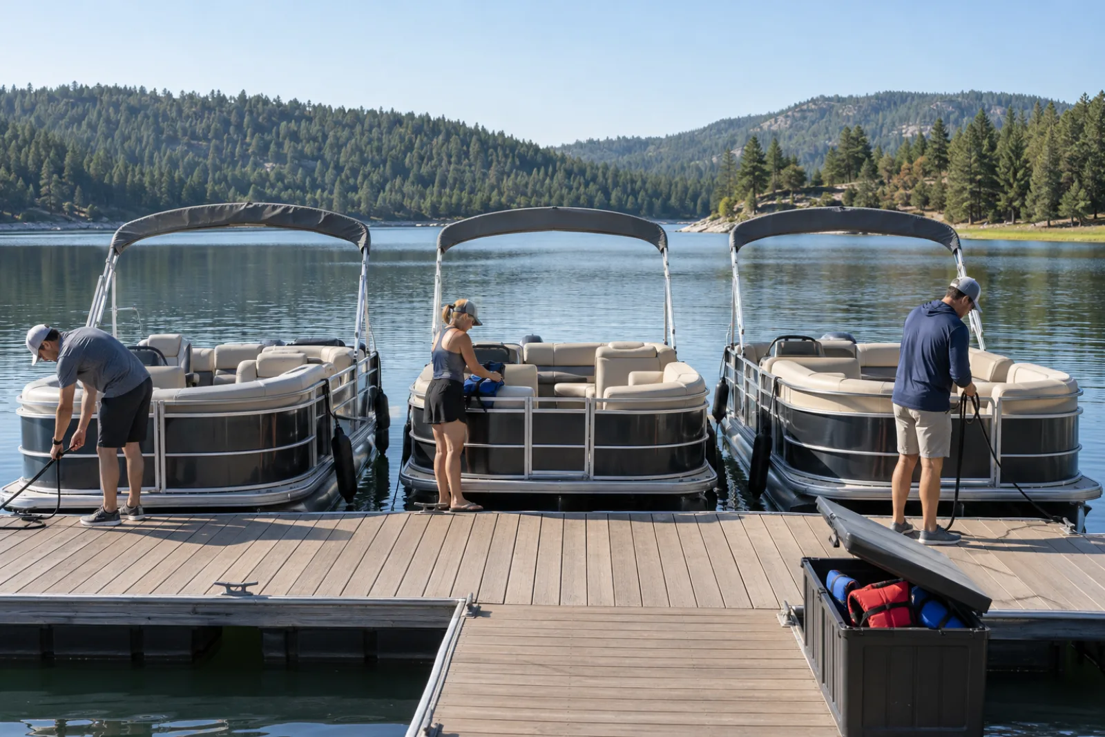 Pontoon rental boats tied up at a lake dock in the morning