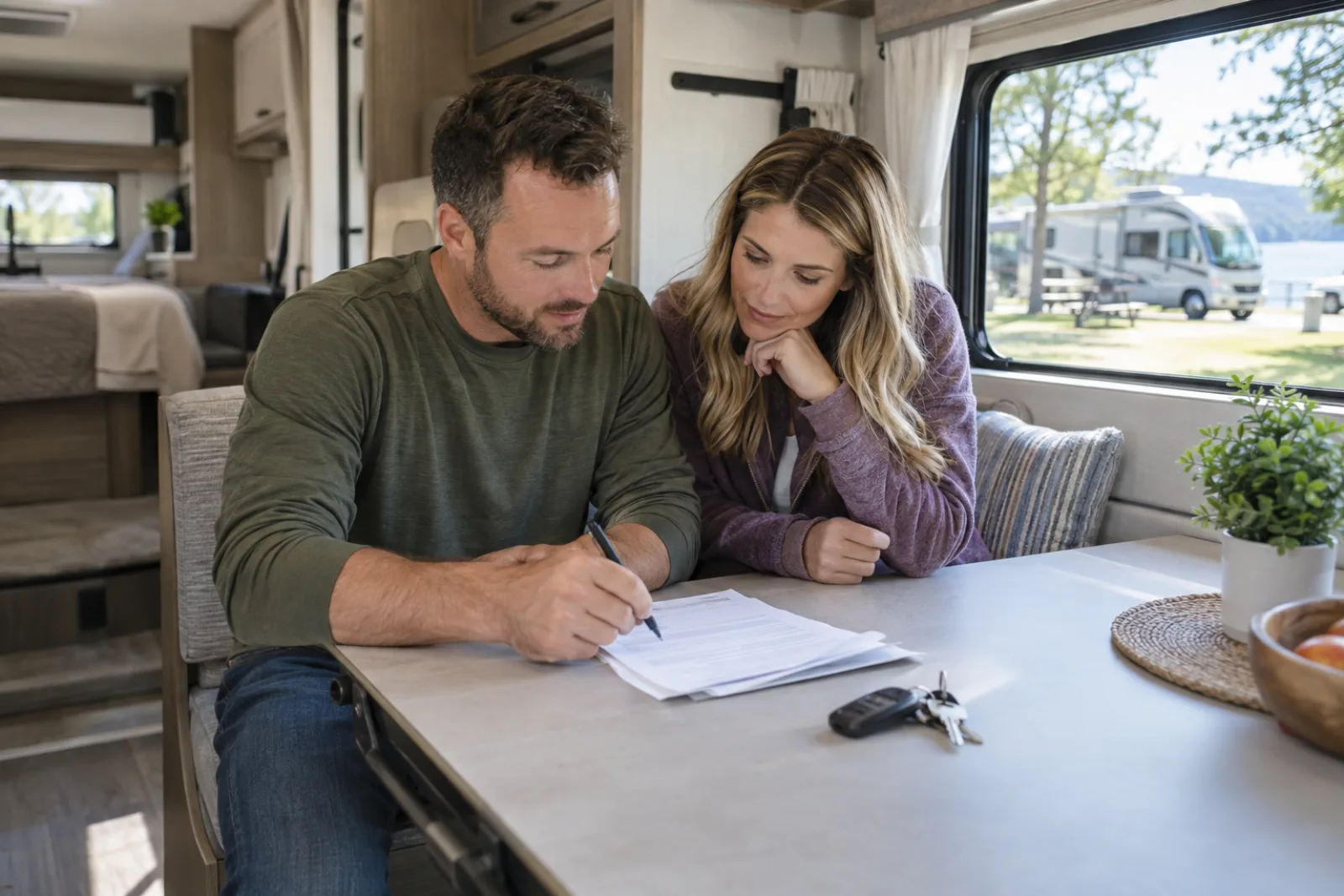 RV rental agreement and keys on the table inside a rental motorhome