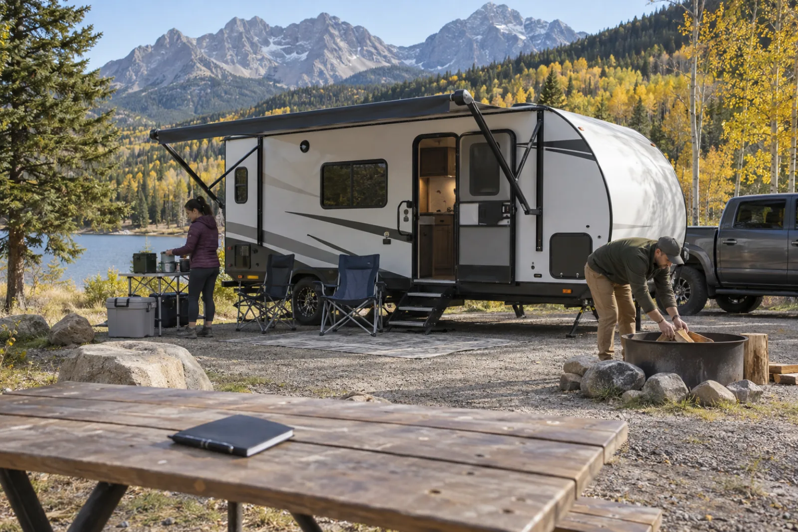 Travel trailer at an autumn mountain campground with a notebook and calculator on the picnic table