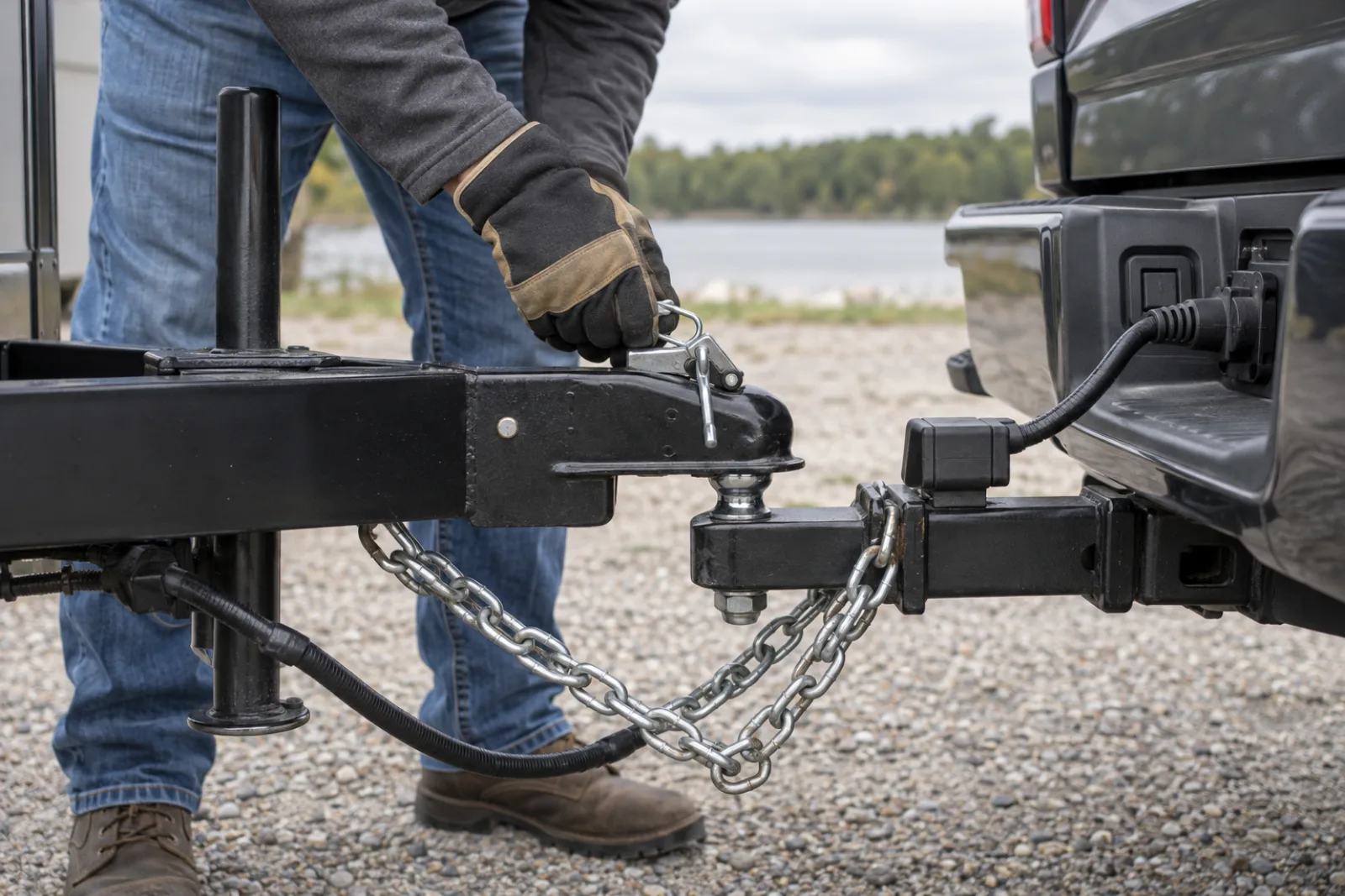 Trailer hitch and safety chains with a clipboard holding a rental agreement