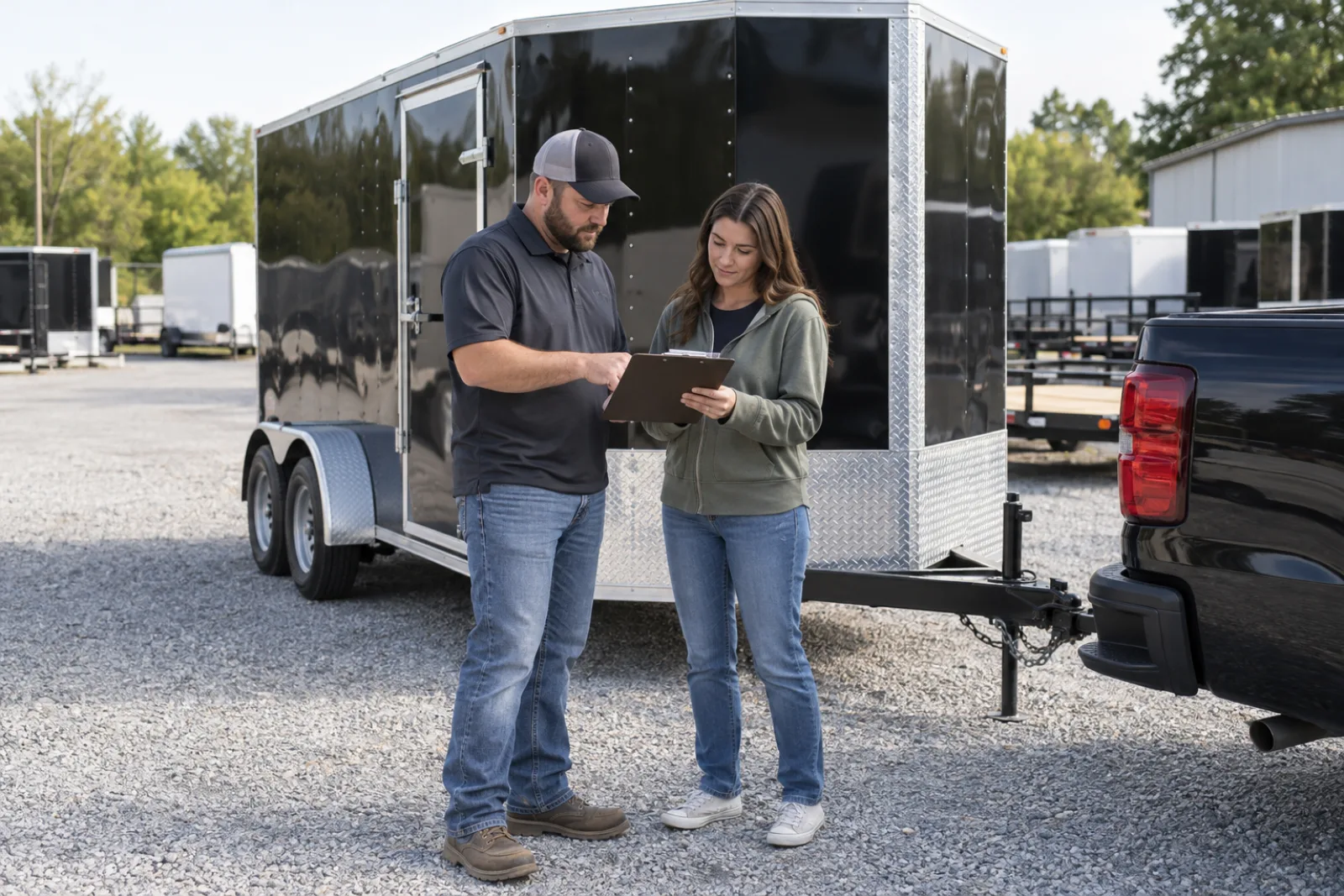 Renter and staff member reviewing a trailer rental agreement beside a cargo trailer