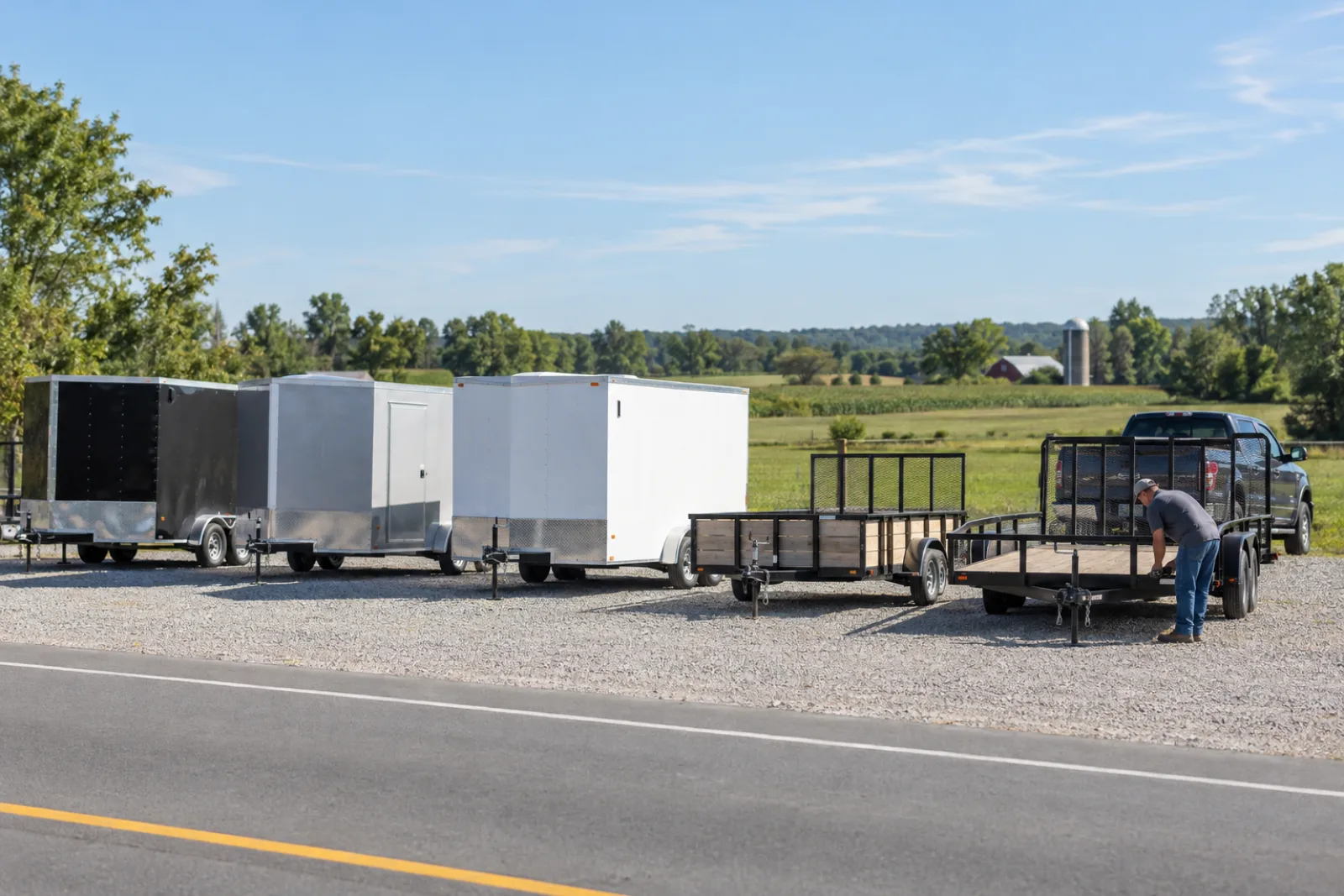 Cargo and utility trailers lined up for rent on a gravel lot at sunrise