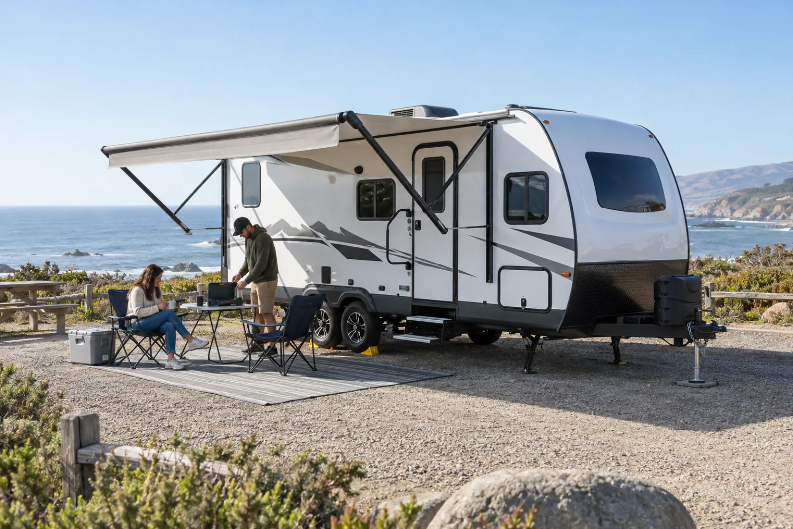 Rental travel trailer set up at a coastal campground at golden hour